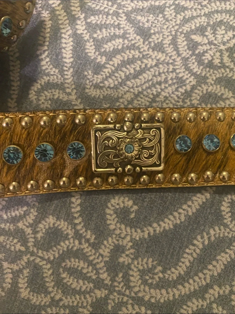 Nocona Hair On Hide Tooled Leather Belt Blue Rhinestone Boho Cowgirl Buckle Sz36